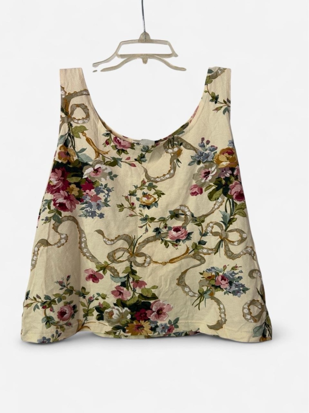 Vintage 90s Floral Ribbon Print Cream Women's Tank Top